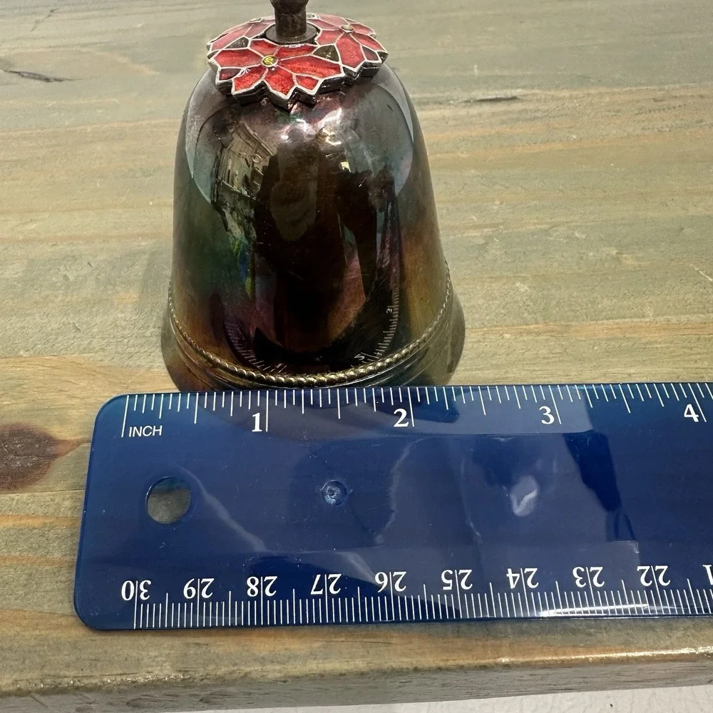 Vintage Wallace Silver‎ Plated Christmas Bell Ornament Enamel Poinsettias 1973